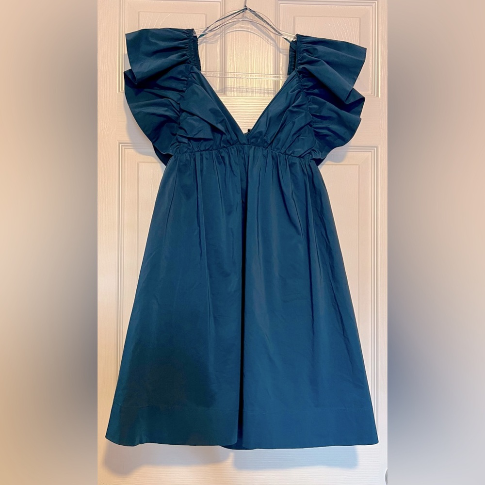 NWT Day+Moon Boutique Dress Teal with Ruffled Sleeves Lined Bow in Back Small